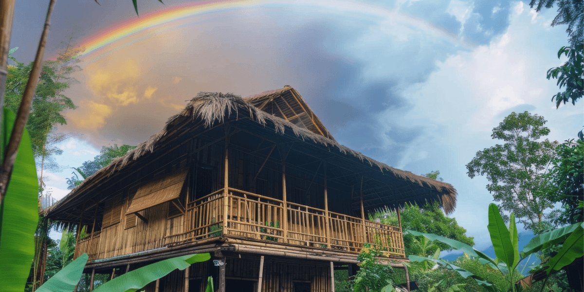 A bamboo hut under a vibrant rainbow arching across a clear blue sky.