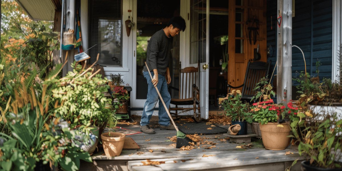 A man sweeps fallen leaves off a wooden porch, preparing the area for a tidy appearance.