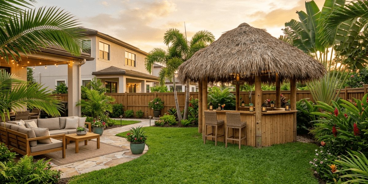 A backyard featuring a thatched roof structure and a bar area, surrounded by greenery and outdoor seating.